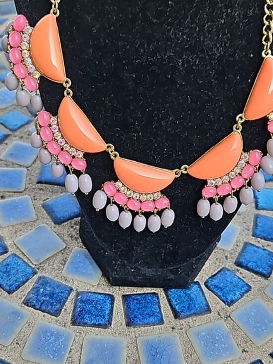 Jewelry - Bejeweled Statement Necklace. Peach Pink Gray AB Stones Necklace.